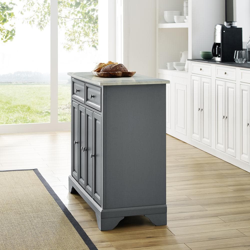 Avery Distressed Gray Solid Hardwood Kitchen Island with Faux Marble Top