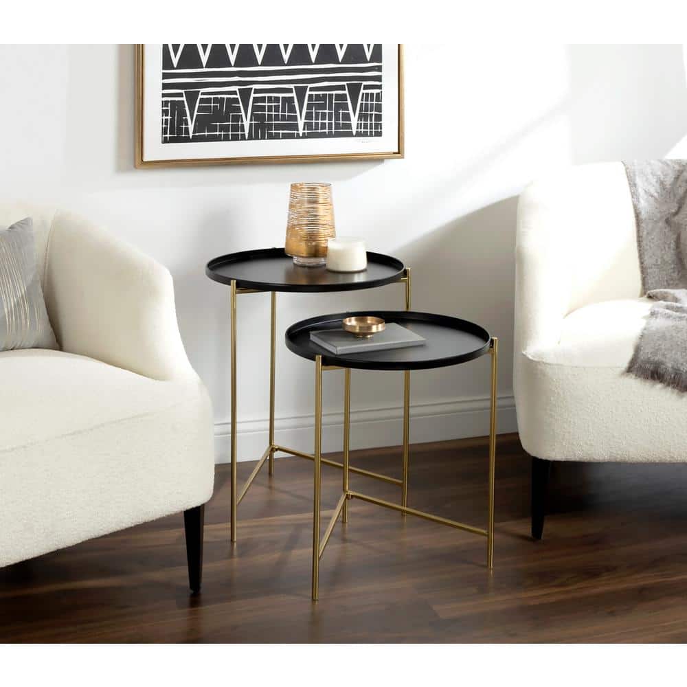 Ulani Modern Black and Gold Round Metal Nesting Side Table Set of 2