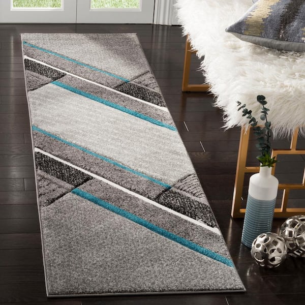 Hollywood Gray/Teal 2 ft. x 10 ft. Striped Solid Abstract Runner Rug
