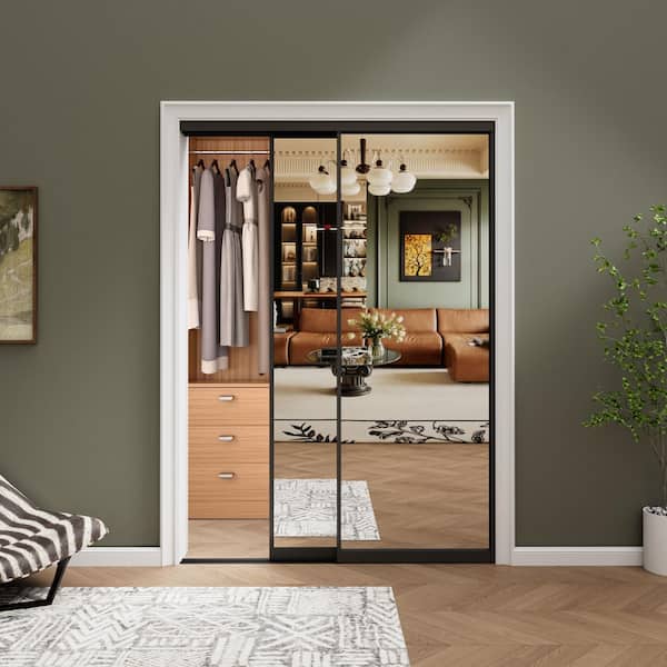 48 in. x 80 in. 1-Lite Black Mirrored Glass and Aluminum Frame Finished Closet Sliding Door with Hardware Kit