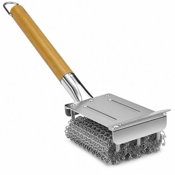Stainless Steel Food-Grade Brush Head with Scraper, Safe BBQ Outdoor Grill Cleaning Brush, Non Wire, Long Wood Handle