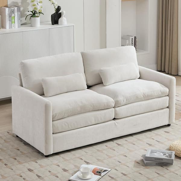 68.1 in. Rolled Arm Chenille Upholstered Rectangle Loveseat Sofa in. Beige with Double Cushion Design Lumbar Pillows