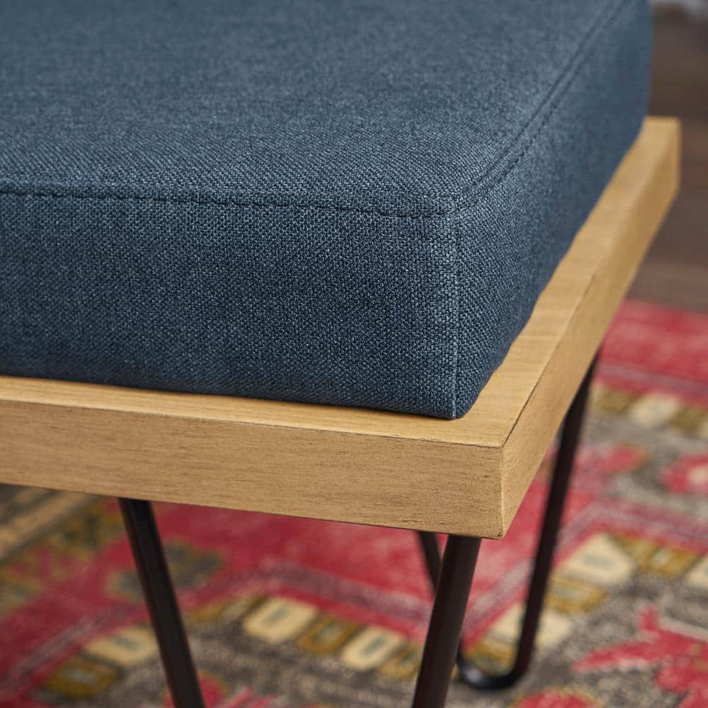 Elaina Navy Blue Upholstered Bench with Faux Pine Veneer and Iron Legs
