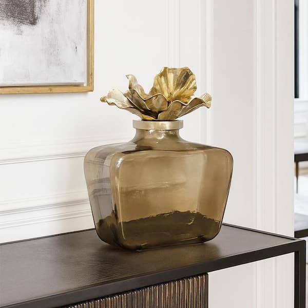 Gold 16 in. x 13 in. Decorative Handmade Aluminum and Glass Perfume Bottle Sculpture