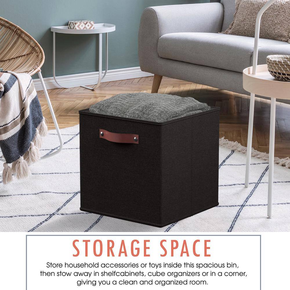Black Linen Cube Storage Bins with Leather Handles, Set of 6