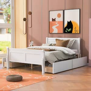 White Wood Frame Full Size Platform Bed with 4 Storage Drawers on Each Side and Additional Slats Support Legs