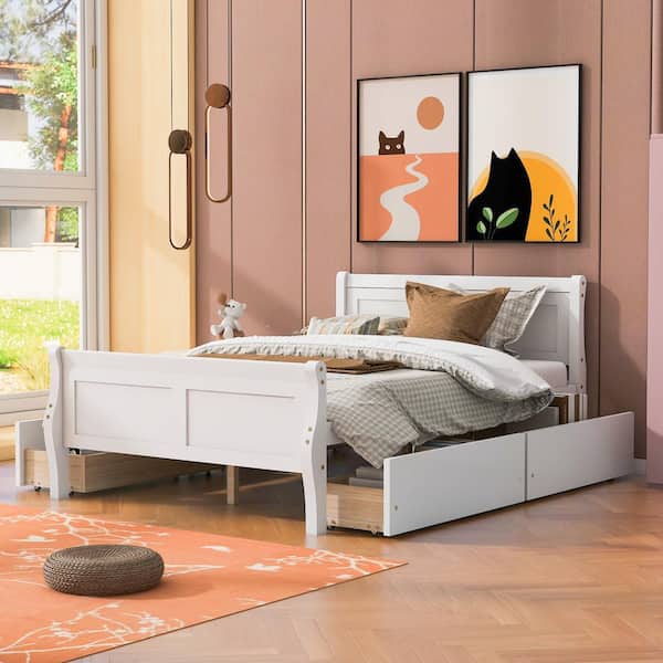 Harper & Bright Designs White Wood Frame Full Size Platform Bed with 4 Storage Drawers on Each Side and Additional Slats Support Legs