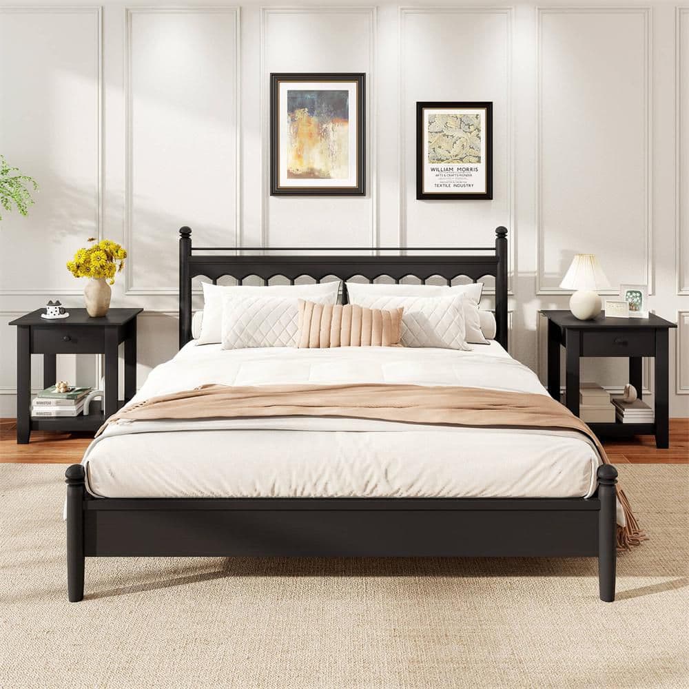 2-Pieces Black 1 Drawer 19.5 in. W Nightstand with Drawer 3-Tier Modern Bedside Table with Open Shelf Storage