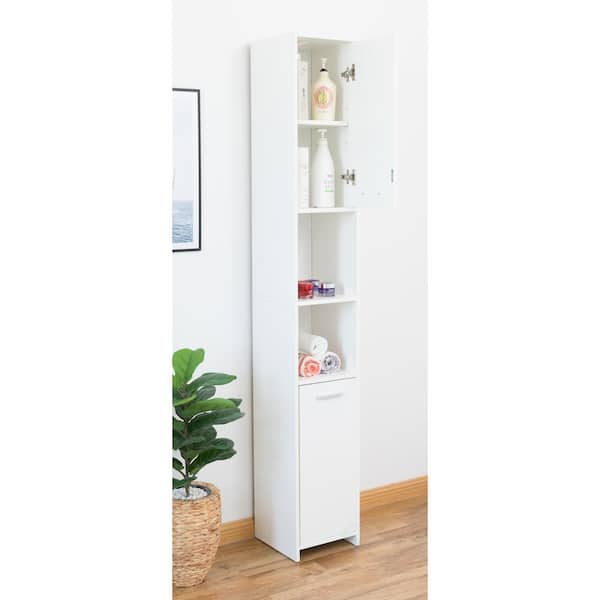 White Tall Standing Bathroom Linen Tower Storage Cabinet for