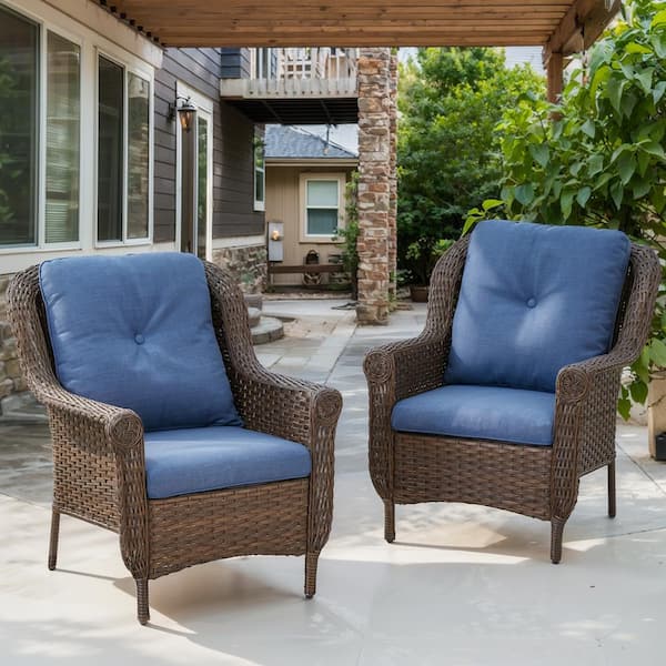 moosprr Patio Brown Wicker Outdoor Lounge Chair with Blue Cushions and Chrysanthemum Armrest (2-Pack)