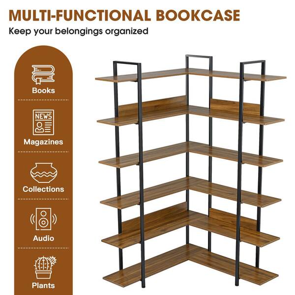 Dropship 74.8 Inch Bookshelf L-shape MDF Boards Stainless Steel Frame  Corner 6-tier Shelves Adjustable Foot Pads, Black to Sell Online at a Lower  Price