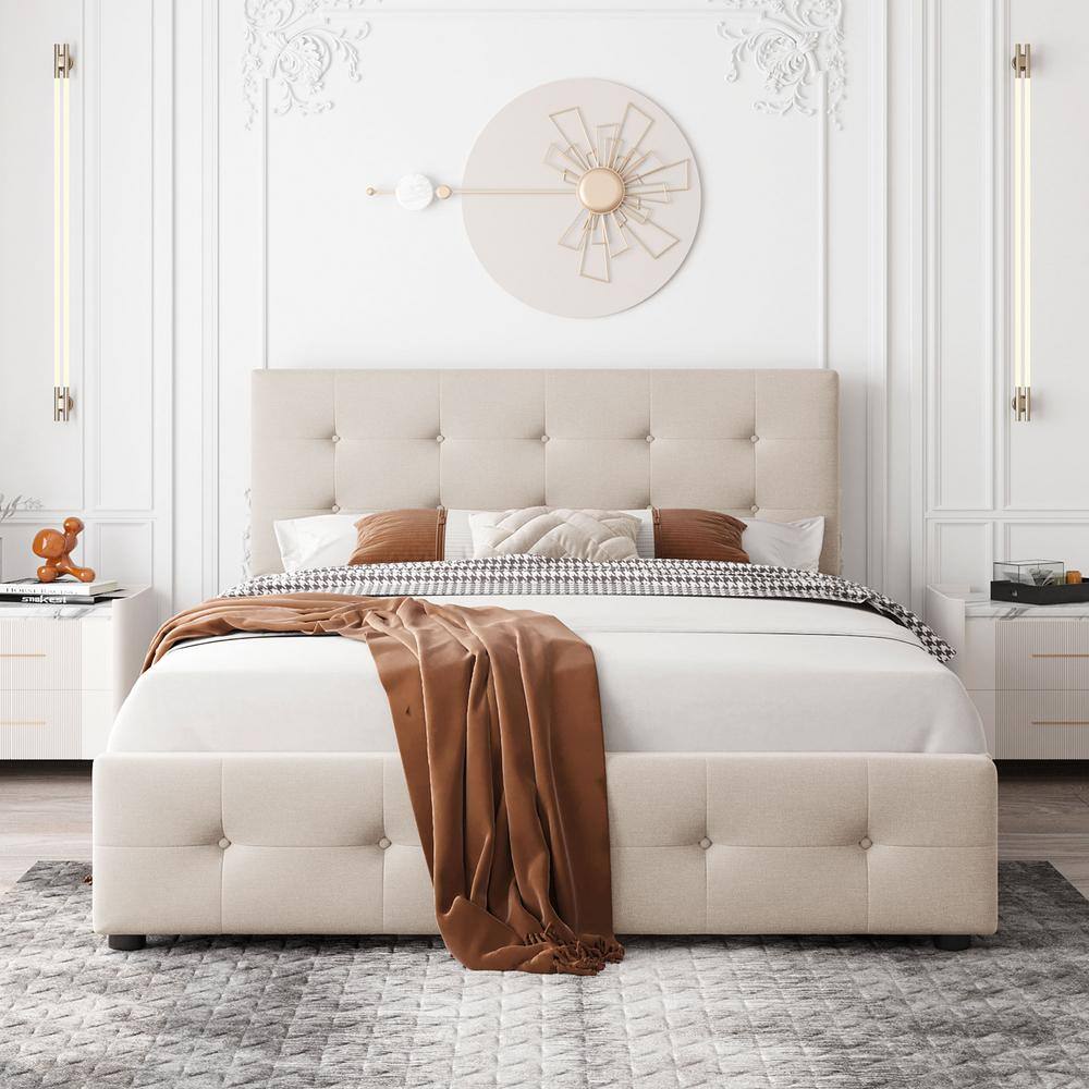 URTR 85 in. W Beige Queen Size Upholstered Platform Bed with 4 Drawers, Storage Platform Bed Frame with Tufted Headboard - 2