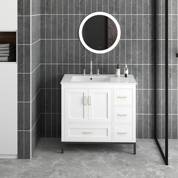 FUNKOL 36 in. x 18.3 in. x 32.9 in. White MDF Rectangle Bathroom Vanity Cabinet Ready to Assembly, Solid Wood Plus