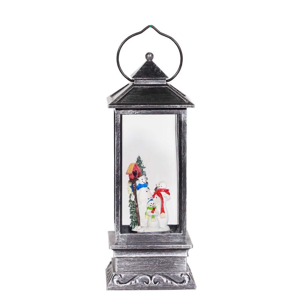 11 in. Tall Snowman Lantern Snow Globe with Warm White LED Light, Silver