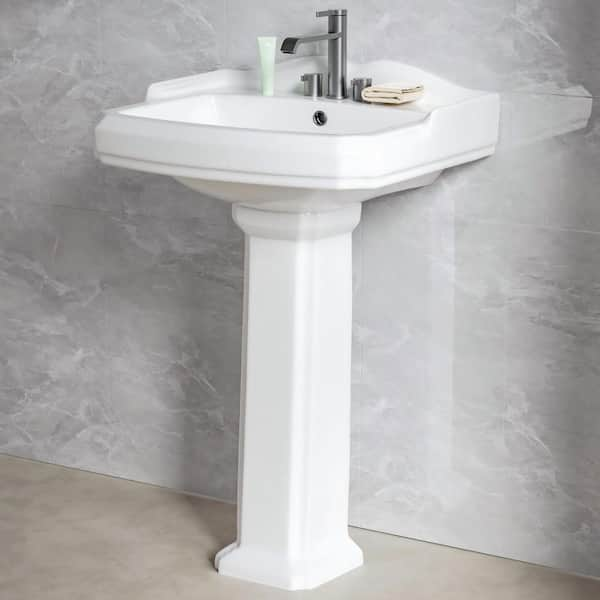 23 in. W x 19.2 in. D Pedestal Bathroom Sink Combo White Rectangular Vitreou China Sink with Overflow and 3 Faucet Holes