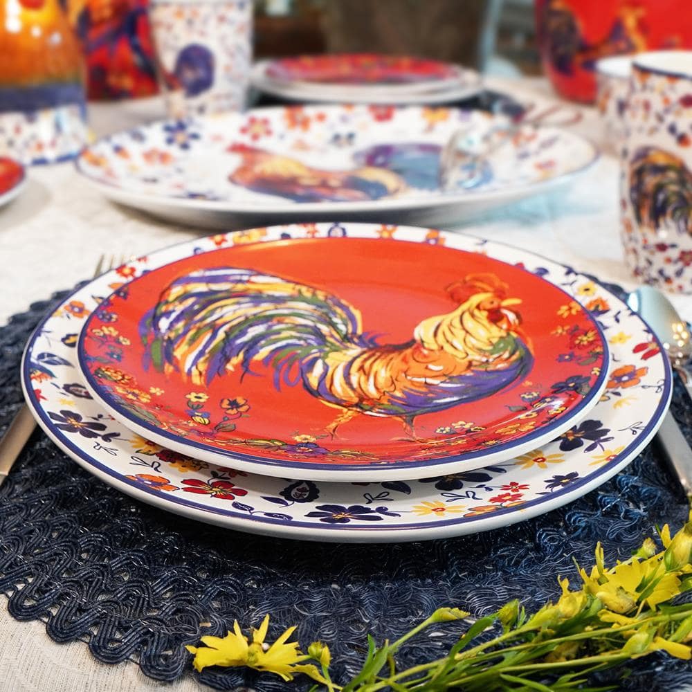 Vibrant Red Ceramic Rooster 9" Salad/Dessert Plates Set
