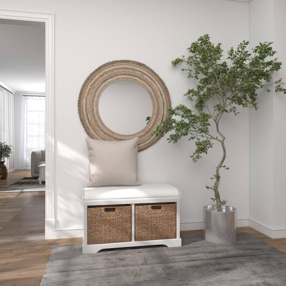 Elegant White Linen Cushioned Storage Bench with Wicker Baskets