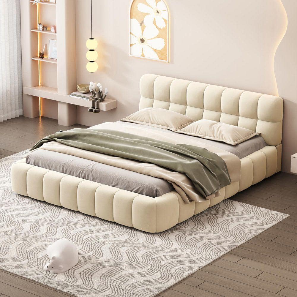 Nestfair Beige MDF Frame Queen Size Upholstered Platform Bed with