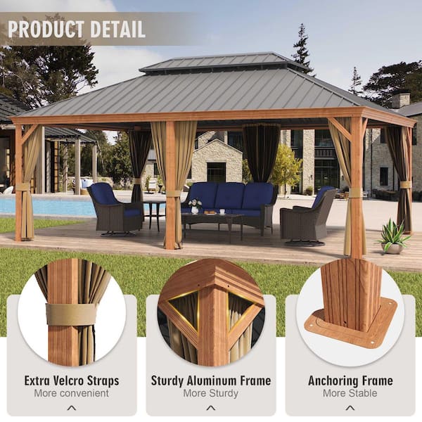 14 ft. x 20 ft. Double Galvanized Steel Roof Aluminum Frame Outdoor Patio Hardtop Gazebo Wooden Finish Coated