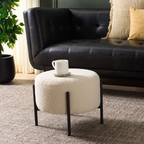 Crius Cream/Black Polyester Boucle Round Accent Small Ottoman