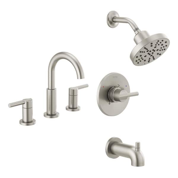 Delta Nicoli 5-Spray Tub and Shower Faucet with J-Spout 8 in. Widespread Double Handle Bathroom Faucet in Stainless