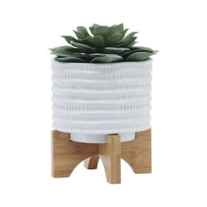 Container Width 5 in. Ceramic Planter with Wood Stand, White