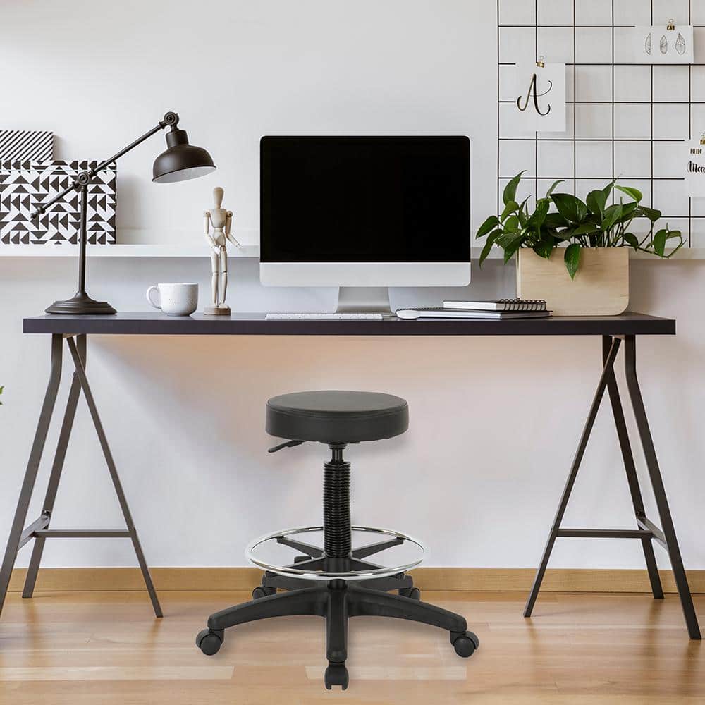 Sleek Black Leatherette 360 Swivel Drafting Stool with Metal Base