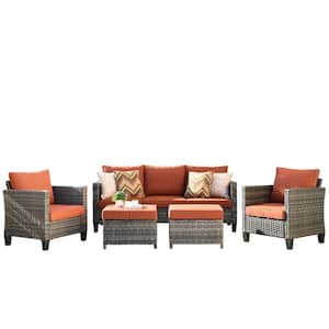 Positano Gray 5-Piece Wicker Outdoor Patio Conversation Seating Set with Orange Red Cushions