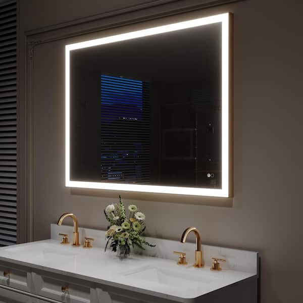 ANGELES HOME 48 in. W x 36 in. H Rectangular Aluminum Framed Anti-Fog Dimmable Light Wall Mounted LED Bathroom Vanity Mirror in Gold