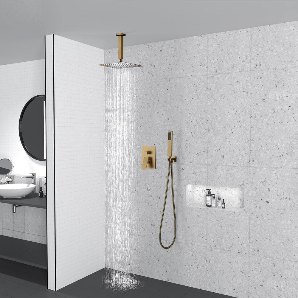 Brushed Gold Large Square Dual Rain Shower System with Handheld