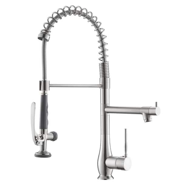 PERLIRIA INC Commercial Single Handle Pull Down Sprayer Kitchen Faucet with Modern Spring Brass Kitchen Faucet in Brushed Nickel