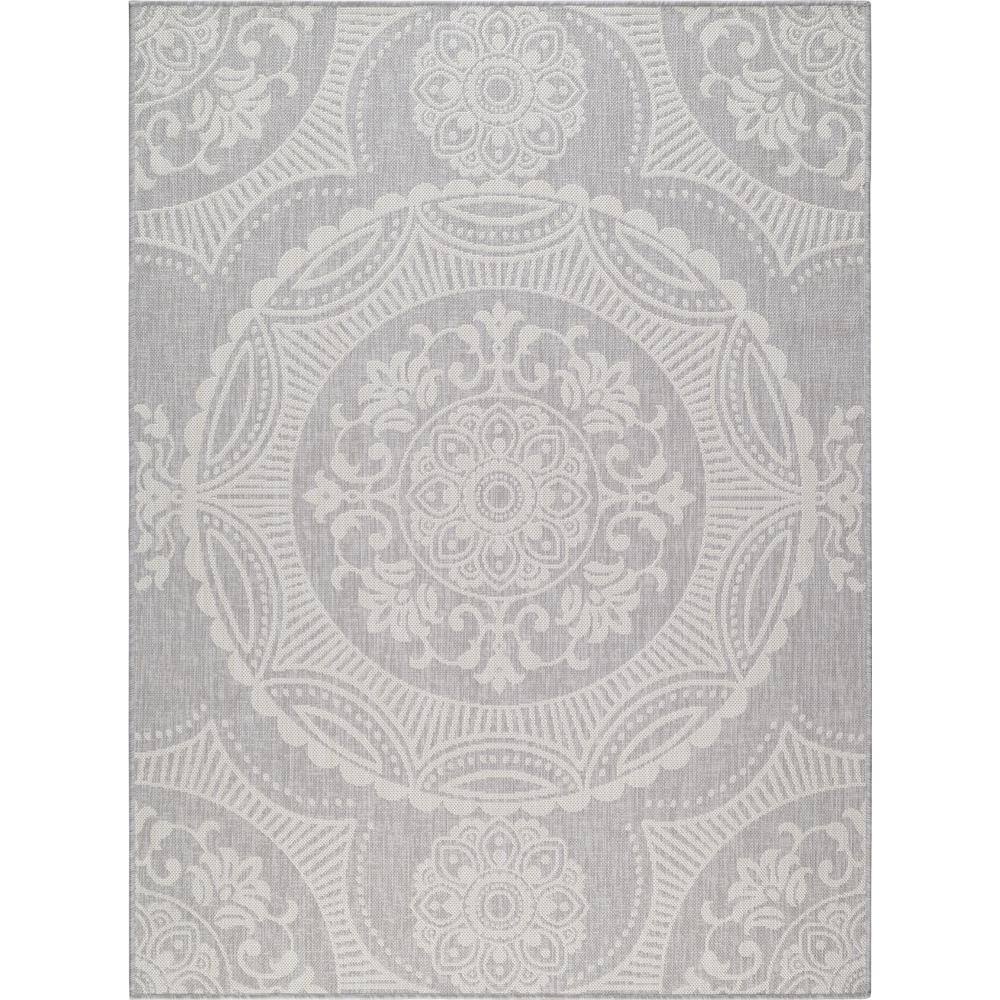 Beverly Rug Waikiki Grey/White 5 ft. x 7 ft. Medallion Indoor/Outdoor Area Rug, Gray/White Beverly Rug indoor outdoor rugs are available in various sizes; 4 ft. x 6 ft. area rug (3 ft. 11 in. x 5 ft. 11 in.), area rug 5 ft. x 7 ft. (5 ft. 3 in. x 7 ft.), 6 ft. x 9 ft. area rugs (6 ft. 7 in. x 9 ft.), large area rug 8 ft. x 10 ft. (7 ft. 10 in. x 10 ft.) and 6 ft. 7 in. circle rug. You can use our non shedding rugs wherever needed; either indoors such as living room, dining room, laundry room, bedroom, hallway, children playroom, or outdoors such as deck, patio, pool side, picnic, beach, garage, or guest lounges. These fade resistant indoor rugs has UV protection and offer environment protection with their eco-friendly and breathable material. The vibrant colors will not fade in the sun. Ideal for high traffic areas. With natural color options of beige, blue, grey and dark grey, this beautiful medallion area rug is perfect fit for your vintage decor. Color: Gray/White.