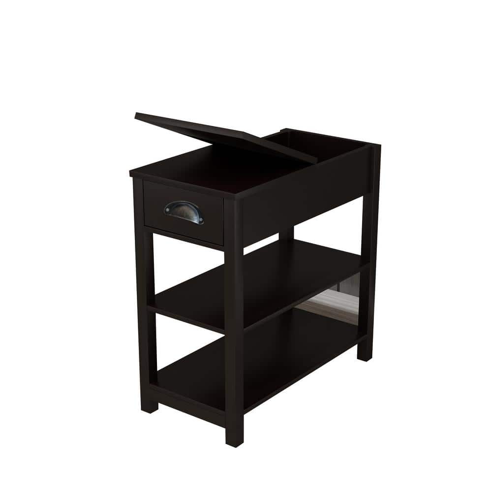 23.62 in. Brown Narrow Sided Wood End Table with Drawers and Bottom Partiti