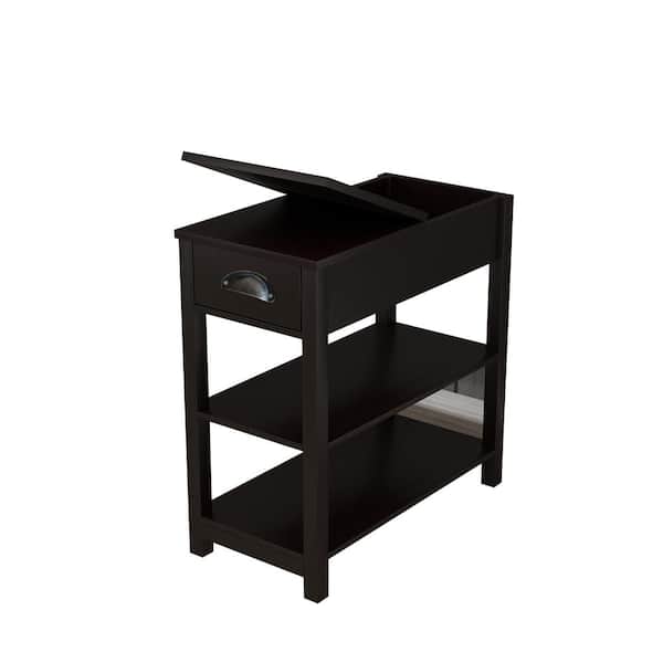 Unbranded 23.62 in. Brown Narrow Sided Wood End Table with Drawers and Bottom Partition in Flip Over Design