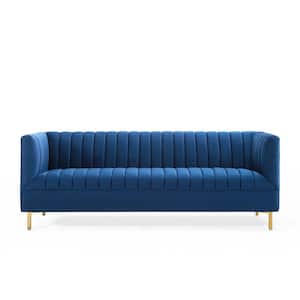 Shift 77 in. Navy Channel Tufted Velvet 3-Seater Tuxedo Sofa with Square Arms