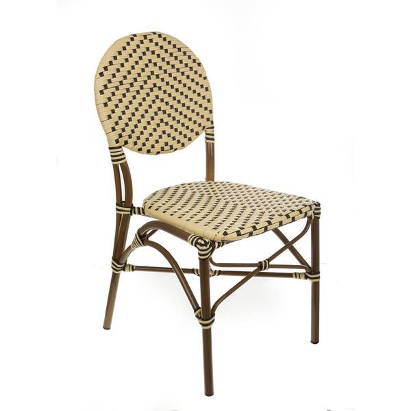 Aspen Brands Brown Aluminum Stackable Cream and Black Plastic Wicker Bistro Chair Commercial Grade Outdoor Dining Chair