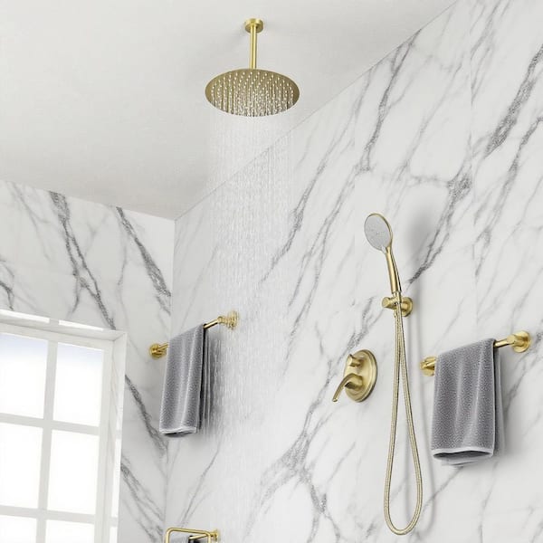 Vara 5-spray Ceiling Mount 12 in. Dual Shower Head and Handheld Shower Head 2 GPM in Brushed Gold