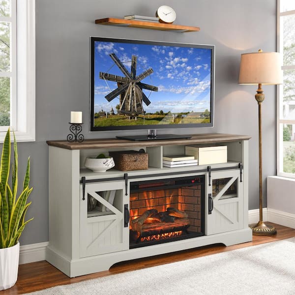 60 in. Electric Freestanding Fireplace Entertainment Center With Door Sensor in Jasmine White