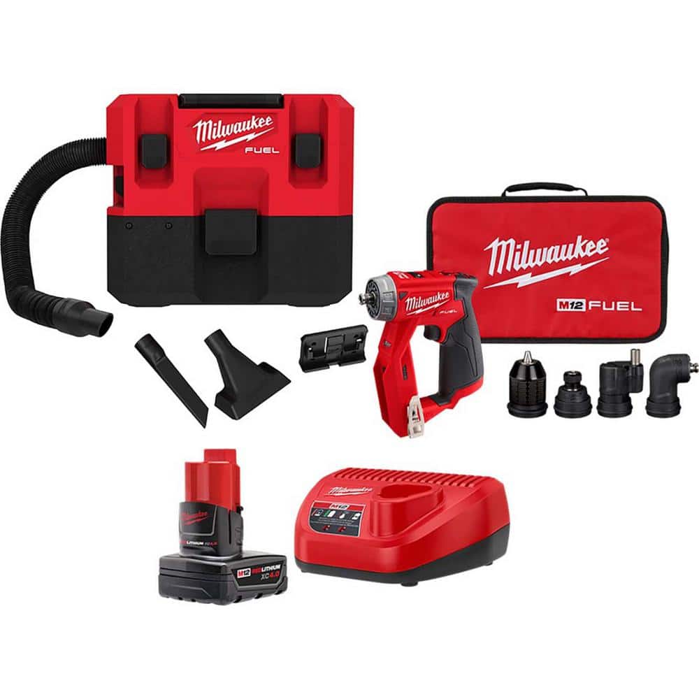 Milwaukee M12 FUEL 12-Volt Lithium-Ion Cordless 1.6 Gal. Wet/Dry Vacuum and Installation Driver with 4.0 Ah Battery and Charger, Reds/Pinks