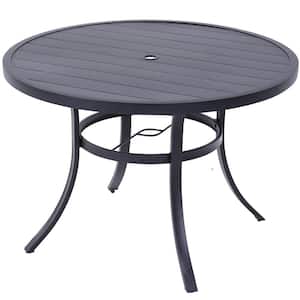 Semi-Aluminum Steel Outdoor Round Dining Table in Black With Grooved Wood Grain Tabletop and Umbrella Hole