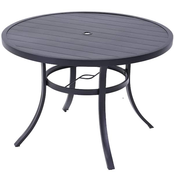 BANSA ROSE Semi-Aluminum Steel Outdoor Round Dining Table in Black With Grooved Wood Grain Tabletop and Umbrella Hole