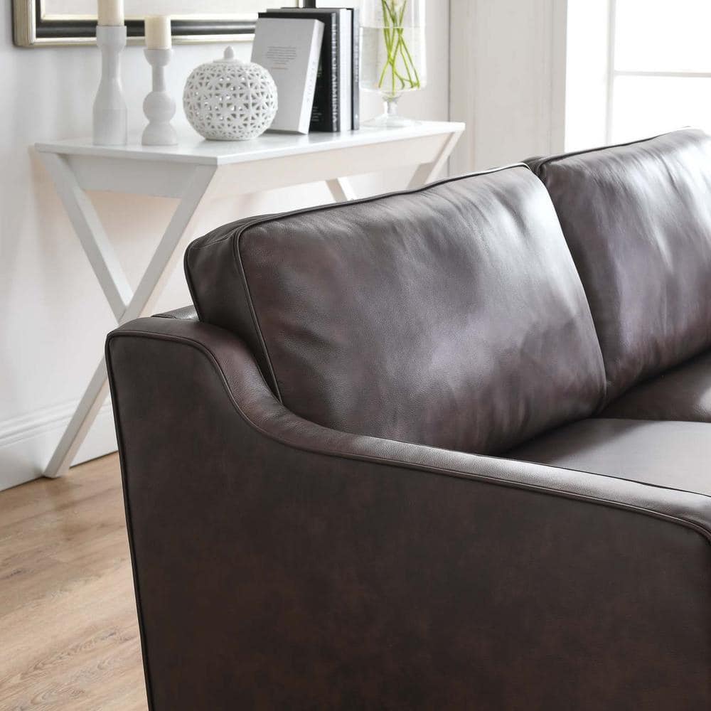 Brown Genuine Leather Mid-century Modern Sofa with Walnut Legs
