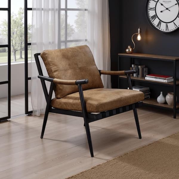 Brown Leather Accent Chair with Tubular Frame