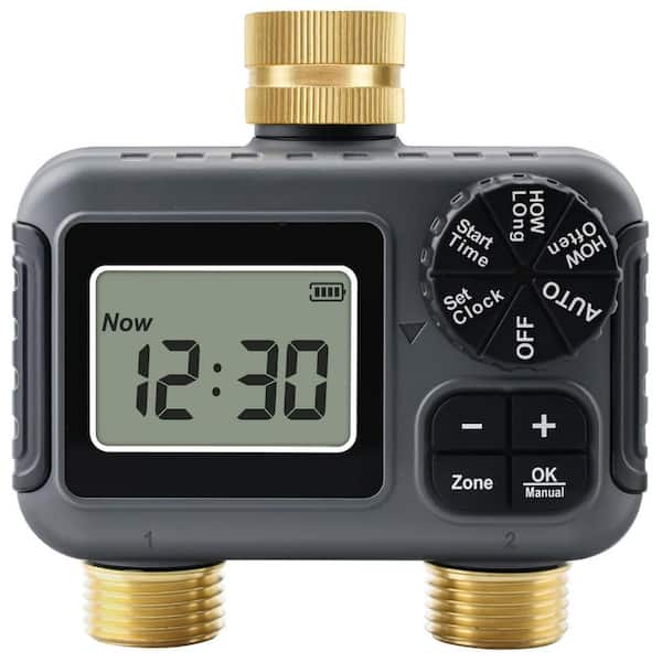 2-Zone Water Timer Brass Inlet/Outlet, Programmable Outdoor Hose Faucet Timers with Auto/Manual Modes + Rain Delay