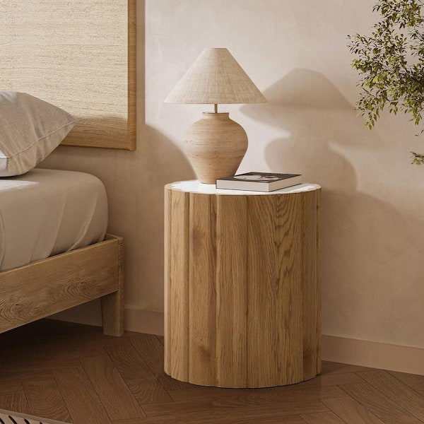 15.7 in. Wood Grain Round MDF Wood End Table with Faux Marble Top