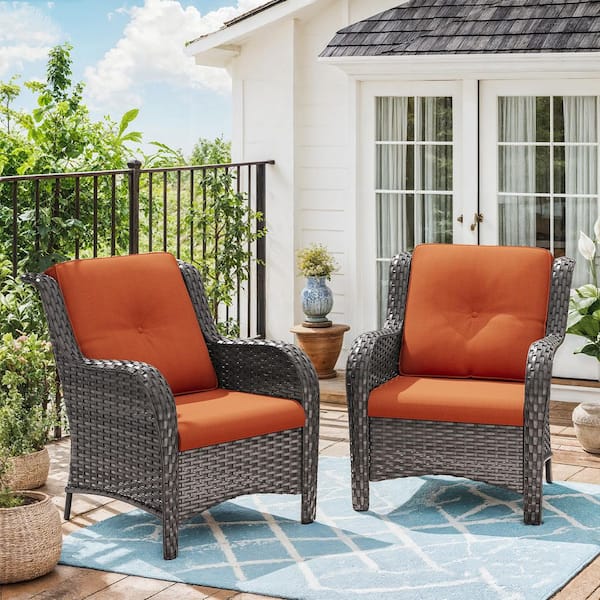 Ergonomic Arm 2-Piece Patio Wicker Outdoor Lounge Chair with Thick Orange Cushions