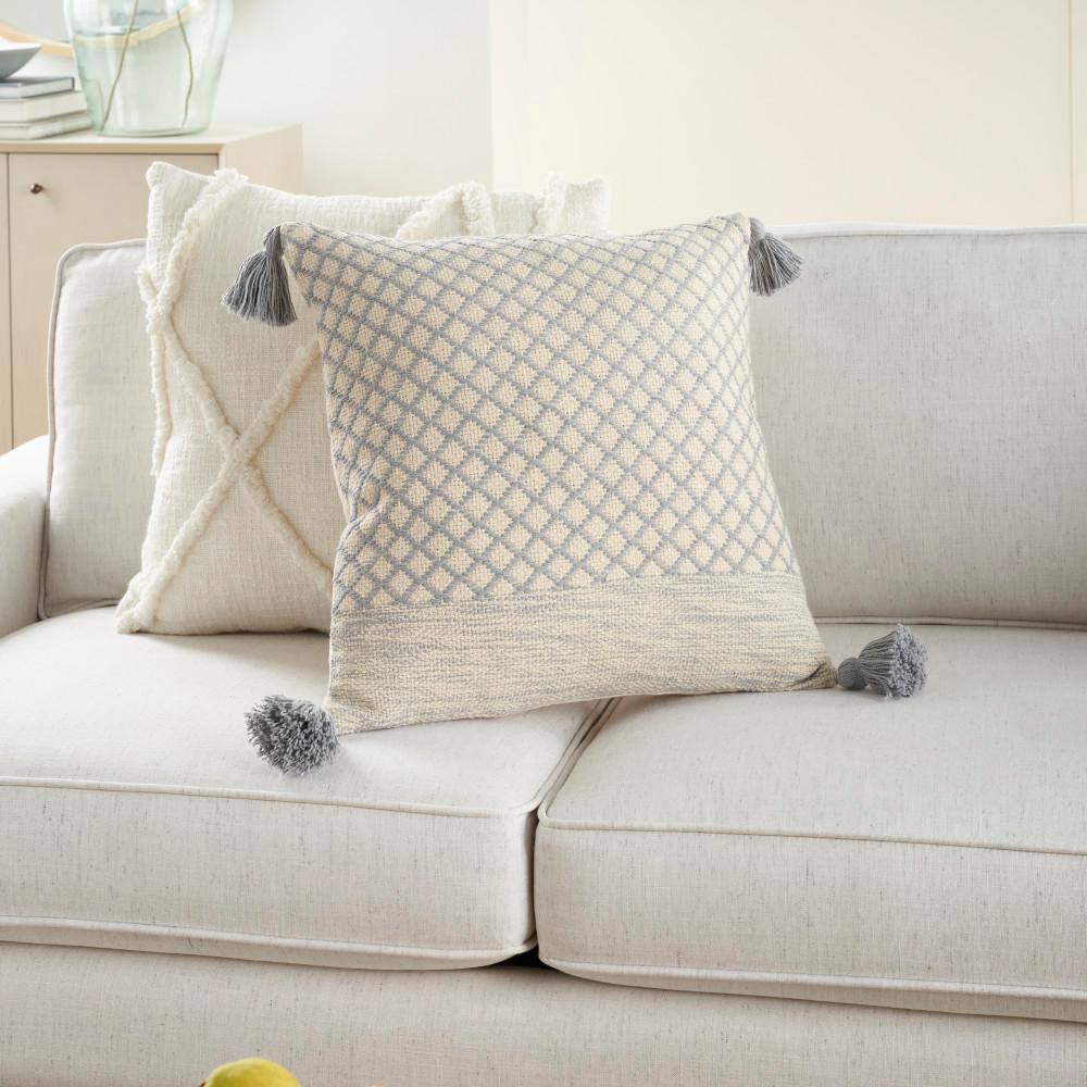 18" Square Light Gray Textured Throw Pillow with Tassels