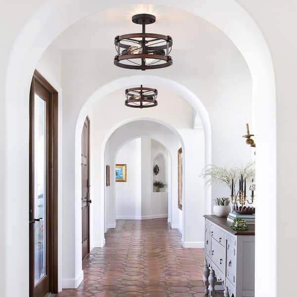 Richwood 15 in. 2-Light Black and Vintage Wood Rustic Semi-Flush Mount Ceiling Light