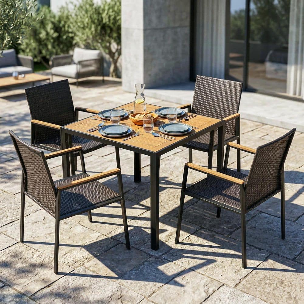 Nuu Garden Black 5-Piece Acacia Wood, Wicker and Metal Square