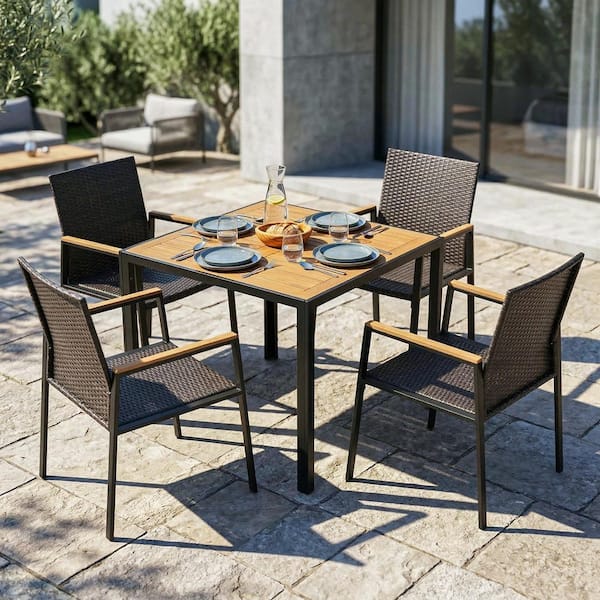 iwicker patio square steel dining table with umbrella hole Sophia & William 9pc Set for 8, Rattan Chairs The set comfortably seats 8 people Koverton Parkview Woven Wicker Square